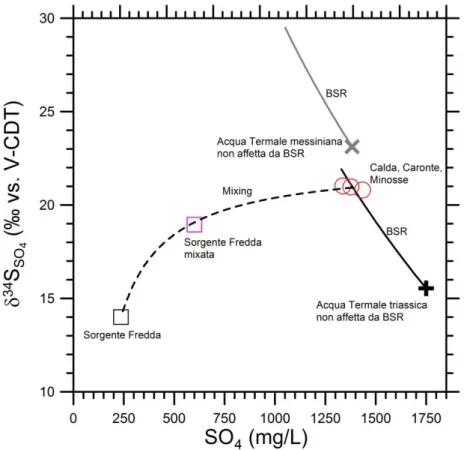 Figura 28 -  Diagramma di correlazione del  valore di  δ 34 S del  solfato disciolto  e  concentrazione di  SO 4  per le Terme 