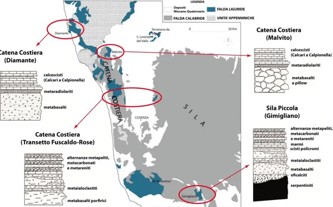 Fig. 13. Schema dei rapporti stratigrafici esistenti all’interno delle sequenze ofiolitiche affioranti nelle varie zone  dell’AC settentrionale (modificata da Liberi &amp; Piluso, 2009)