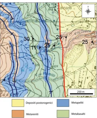 Fig. 38. Pieghe isoclinali a scala cartografica relative alla fase deformativa D2. Stralcio della carta geologica e  geologico-strutturale allegata al presente lavoro