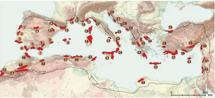 Fig. 2. Geographical distribution of the 52 putative refugia within the Mediterranean Basin, according to Médail and Diadema (2009).