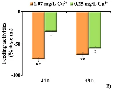 Fig.  IV.2  Effetti  del  trattamento  con  CuCl2  sul  feeding.  I  dati  sono  riportati  come  variazione percentuale (%) del feeding in esemplari di Carassius carassius (A) esposti alle  concentrazioni  1.45  mg/L  e  0.30  mg/L  di  CuCl2  e  di  Thal