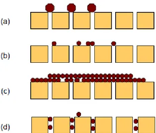 Fig. 1.7. Schematic representation of (a) complete blocking, (b) intermediate blocking,  (c) cake filtration and (d) standard blocking in pressure-driven membrane processes