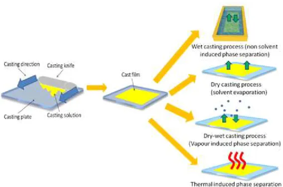 Figure 2.9.1 Procedure for casting flat sheet membranes at lab scale and methods for inducing  phase-separation 