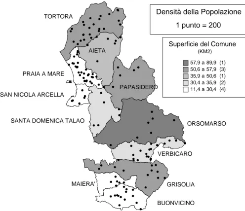Fig. 1 - Densità della popolazione e superficie dei comuni. 