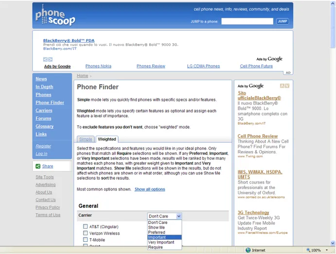 Figura 4.1 – La pagina “Phone Finder” di Phonescoop.com. 