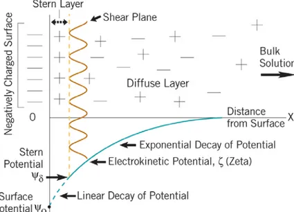 Figure 1.15: Simplified model of electric double-layer at a charged interface in aqueous solution