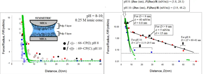 Figure 2.4 (A) Force–distance (F–D) curve measured between two Pvfp-5 coated mica surfaces at pH  ≈ 8 