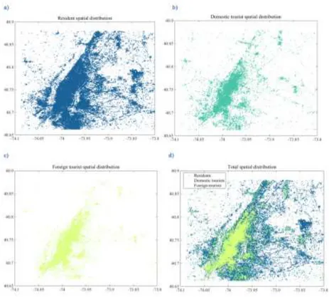 Fig. 3.5 – Spatial distribution in New York City. Dots represent photographs taken by New  York  City  (a)  residents,  (b)  domestic  tourists,  (c)  foreign  tourists  creating  a  map  of  attractiveness  for  three  different  categories,  while  (d)  