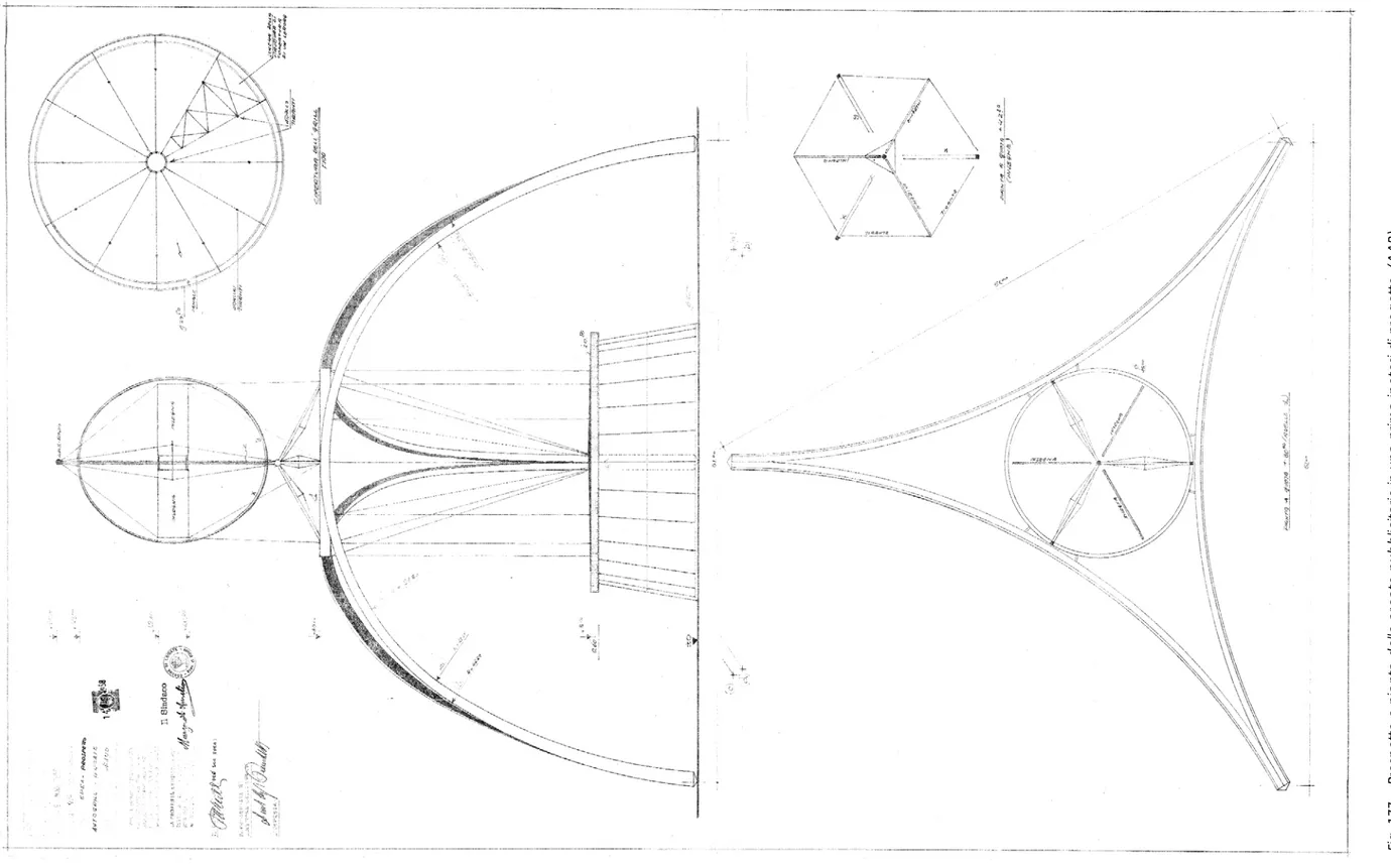 Fig. 177 -  Prospetto e pianta delle arcate pubblicitarie in una prima ipotesi di progetto