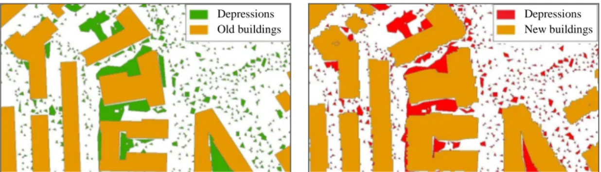 Figure 3.7   Detail of the different surface depressions found inside the LiDAR DTM b s generated by  considering the two building layers