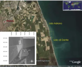 Figure 3.9: Study area at the mouth of Uniti river, Ravenna with the location of monitored sections