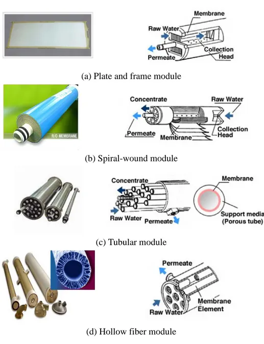 Figure 1.3. Schematic drawings and photos of various membrane module  configurations. 