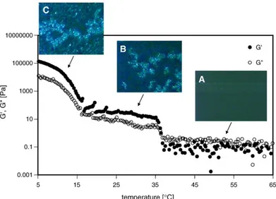 Figure 1.21 Rheological profile over temperature and polarised light micrographs of 50:50  STS:lecithin based organogel [87]