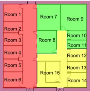 Fig. 3.2. Rooms assignment to computational nodes. Each different color identify a different node.