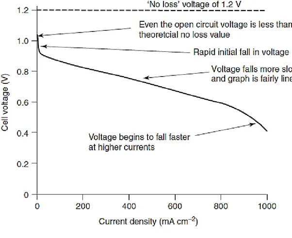 Fig. 1.18:Tipica curva di polarizzazione di una fuel cell a bassa temperatura [1.9]