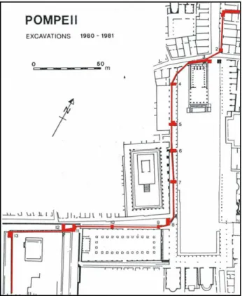Figura 1.2 - Area del foro di Pompei- pianta con la localizzazione degli interventi di scavo I.E