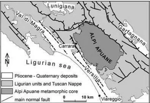 Fig. 4.1: Carta geologica semplifica dell’area di Carrara e delle Alpi Apuane (Molli et al., 2010).