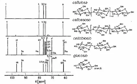 Fig. 1.2. Spettri  13 C NMR del glucosio, oligoglucosio e cellulosa 