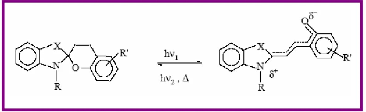 Figure 3.4. Opening of the ring in spirobenzopyranic derivatives. 