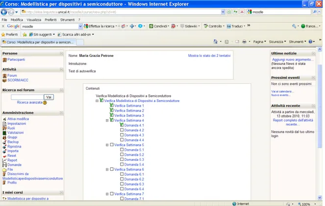 Figura 4: Funzionalità di Moodle e visualizzazione di un test di autoverifica. 