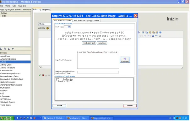 Figura 9: Inserimento di una formula in eXe-Learning attraverso MimeTeX. 