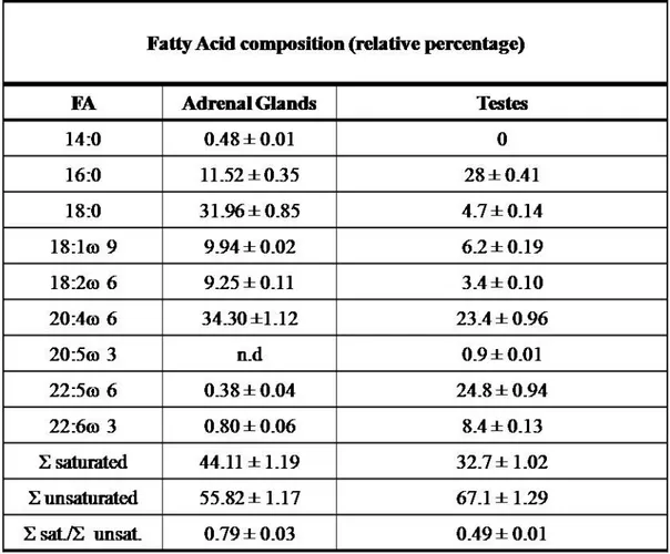 Table 4. Fatty Acid composition (mol %) of rat mitochondrial membrane phospholipids from adrenal glands and  testes