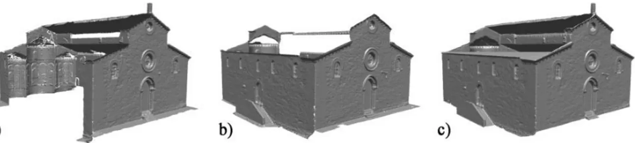 Figura 3.12. Modello del laser scanner TOF (a), ricostruzione 3D con tecnica multi-view stereo (b),  modello unito (c)