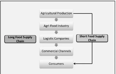 Figure  17  represents  a  food  supply  chain  distinguishing  highlighting  the  flow  of  products in a long and in a short supply chain