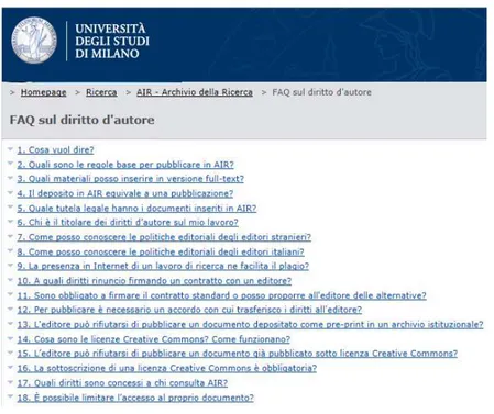 Figura  14.  Le  informazioni  sul  “Diritto  d’Autore”  sul  sito  dell’Archivio  della  Ricerca  AIR   dell’Università degli Studi di Milano [V.sito]