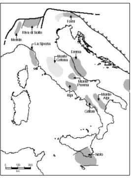Figura 2.9. Localizzazione dei bacini anossici retici nella regione peri-adriatica (Bosellini, 2004) 