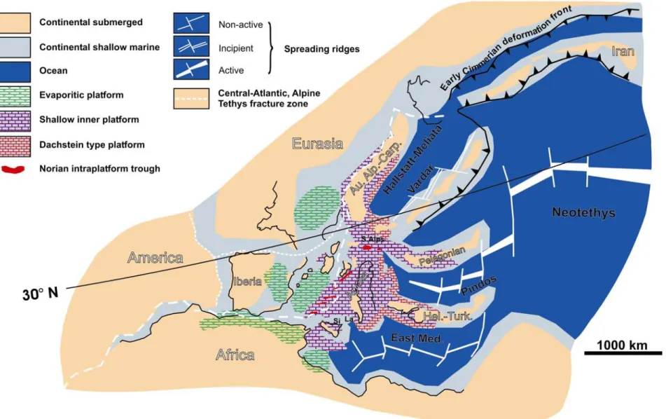Figura 2.10. Paleogeografia dei sistemi deposizionali carbonatici ed evaporitici del Mediterraneo occidentale nel Norico superiore (Cirilli et al., 1999; Stampfli &amp;  Marchant, 1997; modificata)