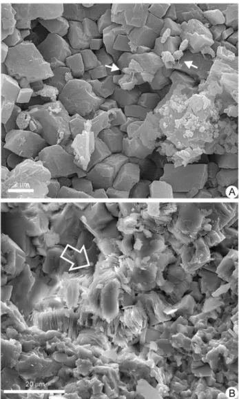 Figura 8.2. Minerali accessori all'interno delle lamine stromatolitiche. A) Ossidi di Fe (frecce), si noti  inoltre la ridotta dimensione dei cristalli euedrali di dolomite; B) Cristalli lamellari di illite (freccia)