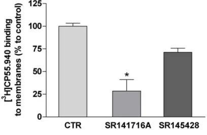 Fig 3.1 Recettori cannabici nelle cellule di astrocitoma U373MG. Spiazzamento del  legame del [ 3 H]CP55.940 400 pM (CTR: 100% = 31±2 fmol per mg di proteine) da parte di  SR141716A e SR144528, gli antagonisti dei recettori CB1 e CB2, rispettivamente;  cia
