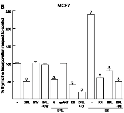 Fig. 3 The growth inhibitory effects induced by BRL, was directly PPARγ mediated MCF7 cells  MCF7 cells were treated with10 μmol/L BRL,10 μmol/LGW9662,1μmol/L ICI182780, and100  nmol/L17h-estradiol as indicated, or transfectedwith an empty vector (v) or wi
