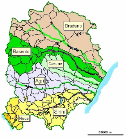 Figura 2.1. Territorio di competenza dell’Autorità di Bacino Interregionale della Basilicata con indicazione  dei bacini idrografici