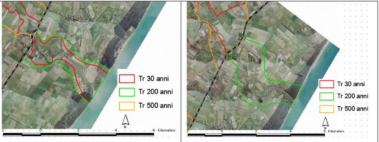 Figura 2.2. Delimitazione delle aree inondabili per T R  pari a 30, 200 e 500 anni in corrispondenza delle foci 