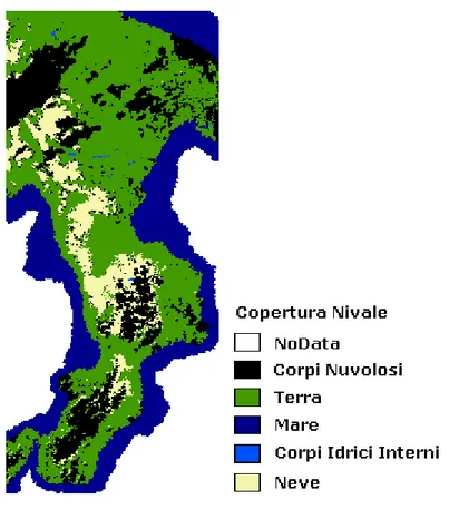 Figura 19. Copertura nivale ottenuta a partire dalle immagini MODIS per il giorno 9 marzo 2005 