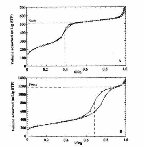 Fig. 11 Isoterme di adsorbimento-desorbimento di azoto di due  materiali mesoporosi, sintetizzati rispettivamente con CTABr  (grafico sopra) e con una miscela di CTA e TMB (grafico sotto) 