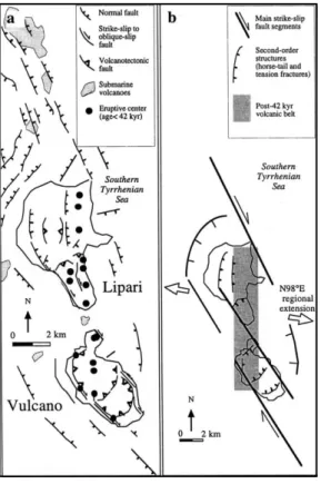 Fig. 1.2: a) mappa strutturale LVVC (Ventura et al., 1994); b) modello strutturale del bacino  di pull-apart LVVC (Mazzuoli et al., 1995; Tortorici et al., 1995)