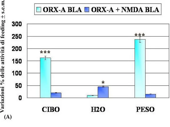 Fig.  26 Variazioni  delle attività di feeding espresse in % ± s.e.m di  ibernanti trattati  icv  con  ORXA  BLA,  ORXA+NMDA BLA,  vs  CTRL  BLA  (A);  ORXB  BLA,  ORXB+NMDA  BLA  vs  CTRL  BLA  (B)