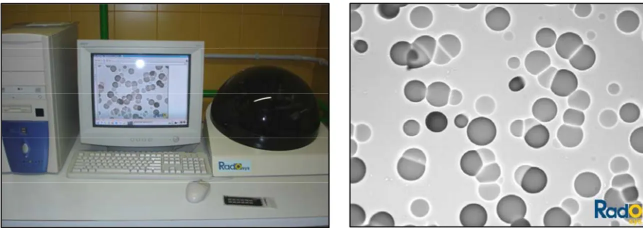 Figura 3.18 – Microscopio ottico a lettura automatica, e foto di  particelle α rilasciate dal Radon  