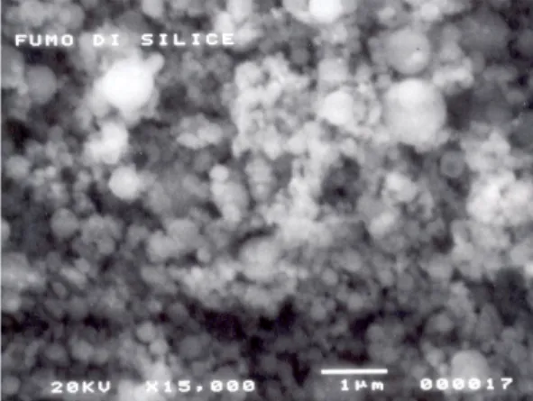 Fig. 2.3 - Micrografia al microscopio elettronico delle sferette di  silica fume (&lt;1μm) 