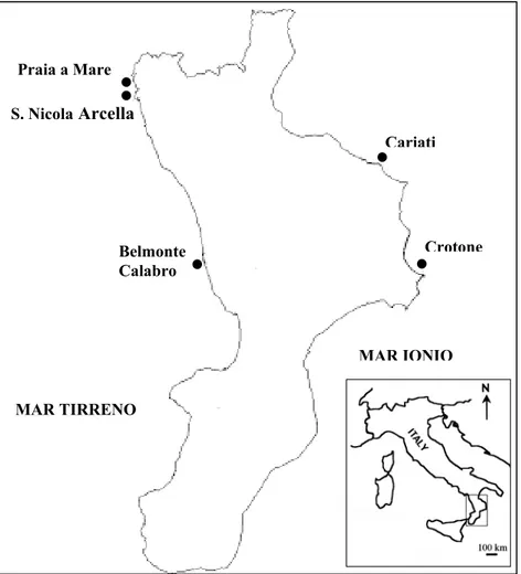 Fig 2.1: Mappa della Calabria e siti di campionamento delle popolazioni di Posidonia oceanica analizzate: Praia a 