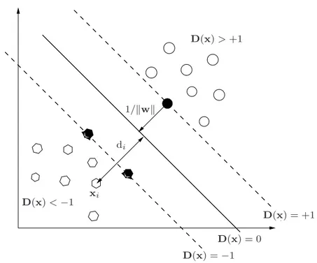 Figure 2.4: Optimal separating hyperplane in a two–dimensional space and the distance between it and any sample