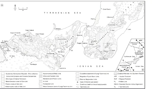 Figura 19  Carta geologica schematica della porzione meridionale dell'Arco Calabro Peloritano, da Bonardi et alii  2003.