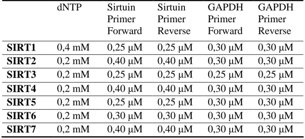 Table 2.1: Primers used in RT-PCR analysis of sirtuin genes. 