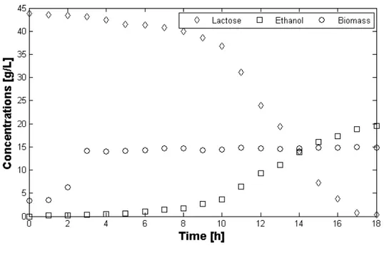 Figure 2.4. Anaerobic fermentation of cheese whey permeate. Time evolution of lactose, ethanol and biomass  concentrations (T = 37 °C, orbital shaking velocity=200 rpm, pH = 5, O2 = 0 – 0.2 %) 
