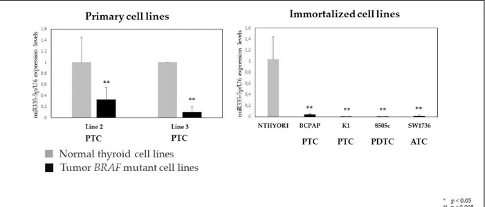 Figure 4. Expression level of hsa-miR-335-5p in thyroid cell lines: normal versus tumor 