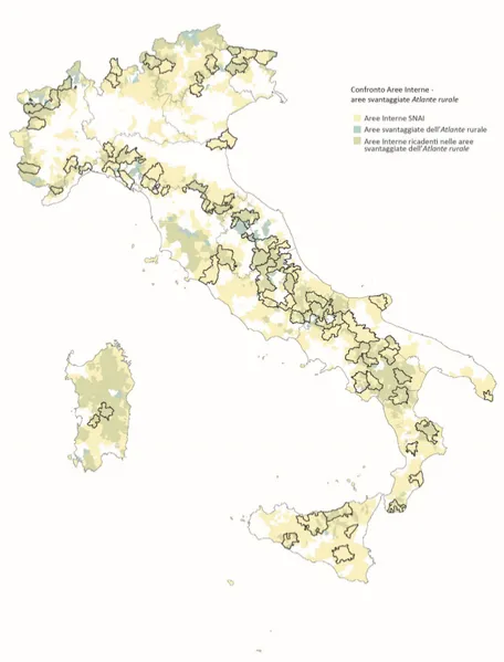 Figura 9 - Confronto tra la mappatura SNAI e le aree svantaggiate dell'Atlante rurale  (definizione restrittiva)