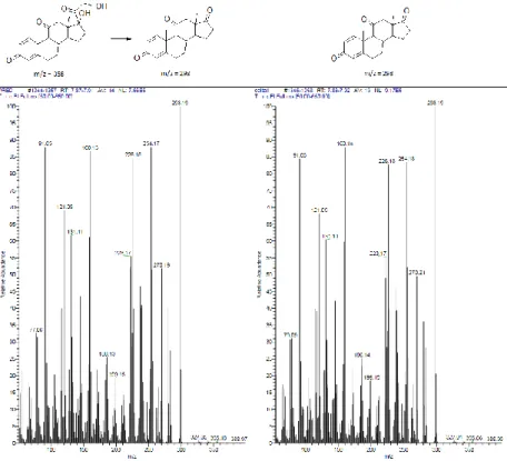 Figure 4.2a Mass spectra comparison: the prednisone native form and its oxidation product (on left) 
